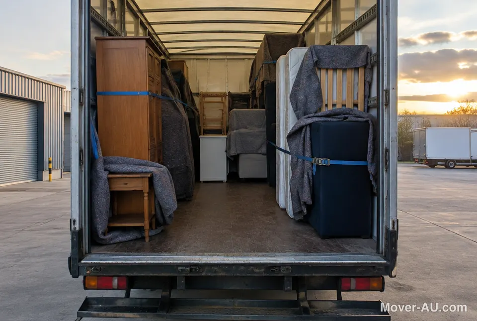 The open back of a removal truck with furniture from several homes for backloading