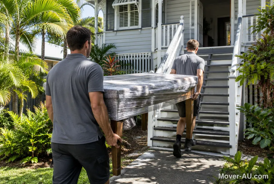 Two removalists carrying a wrapped dining table down the stairs of a Queenslander