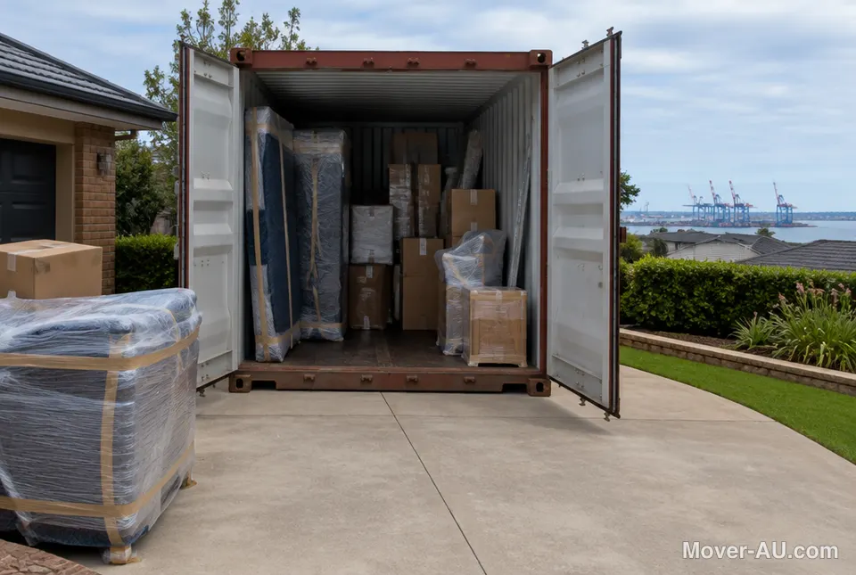A shipping container in a driveway loaded with wrapped furniture for an international move